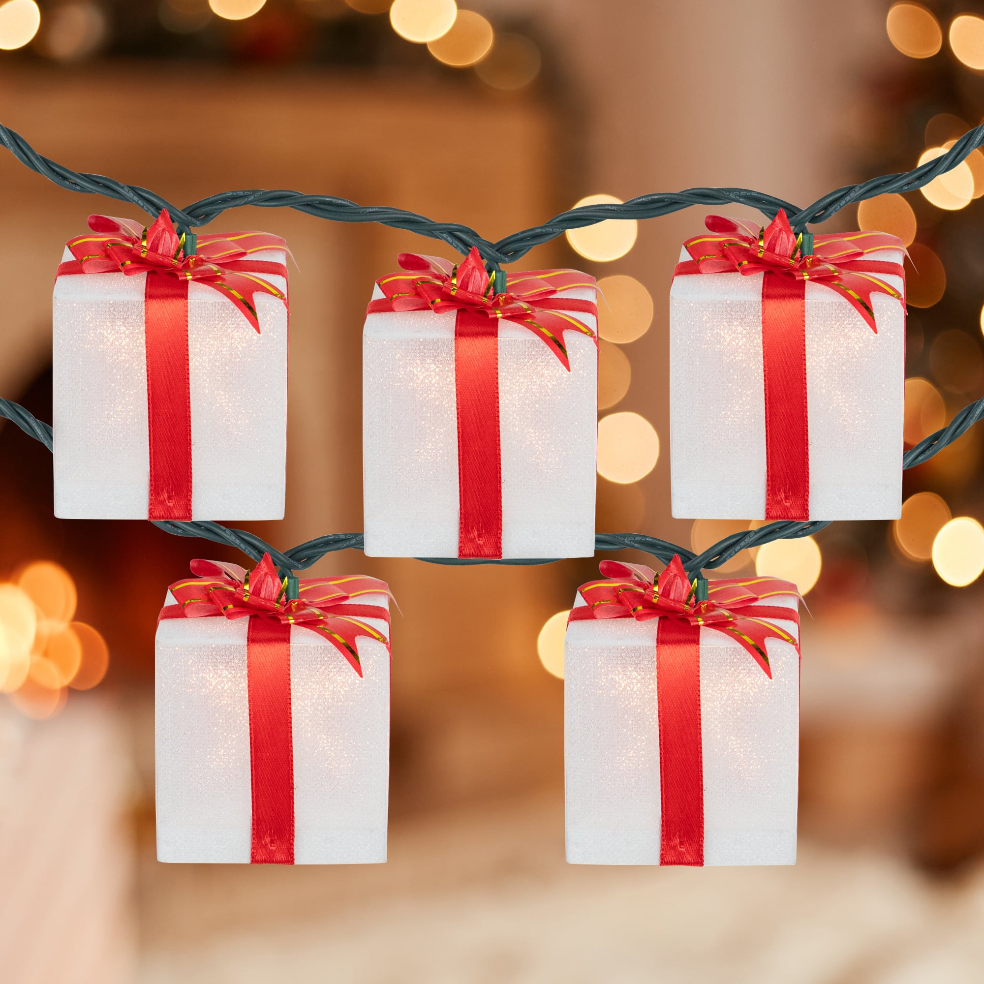 10-Count White and Red Christmas Present Light Set- 7.5ft Green Wire